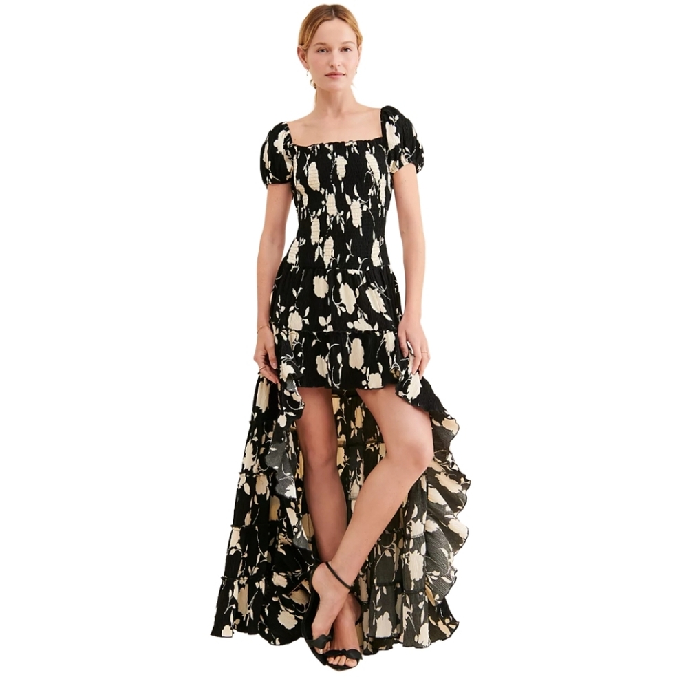 Muche et Muchette Sakura Floral Hi-Low Ruffled Puff Sleeve Dress Size: M/L